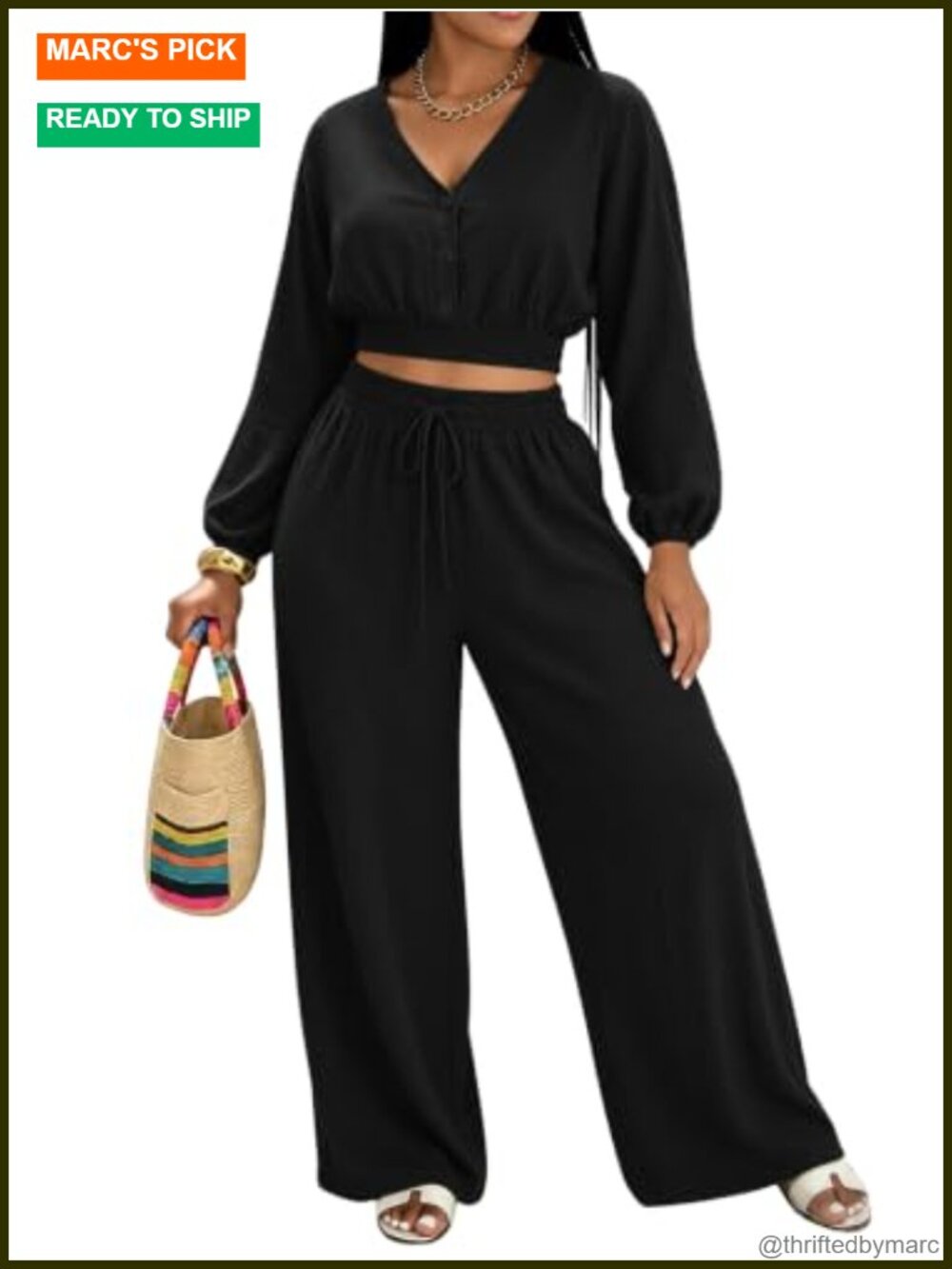 Two Piece Pant Set V-Neck Button Top Wide Leg Pants Summer Vacation